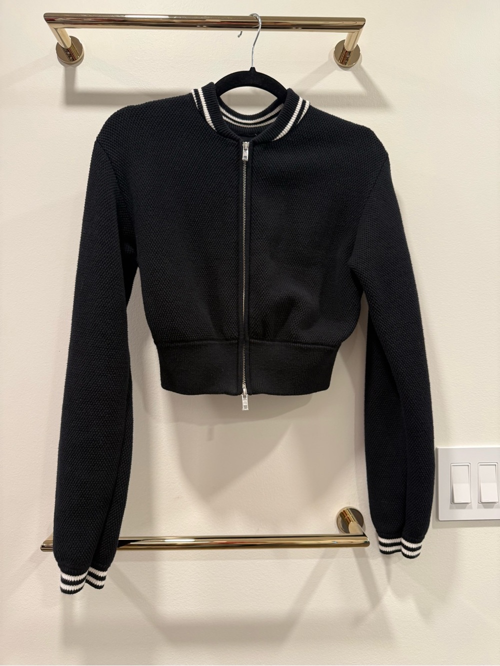 ALO Yoga Black Cropped Knit zip up cropped sweater with White Striped Trim